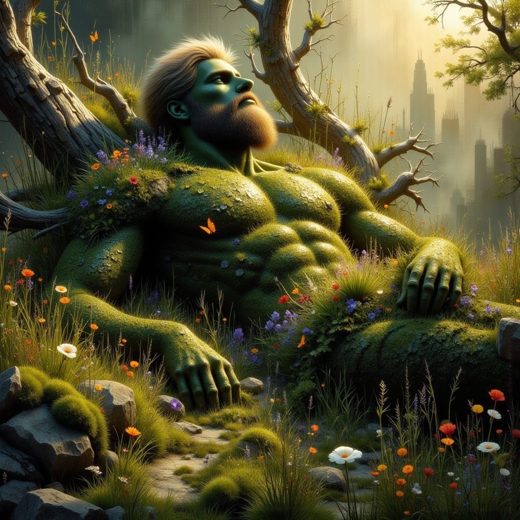 Moss Giant Sleeping in Overgrown Meadow
