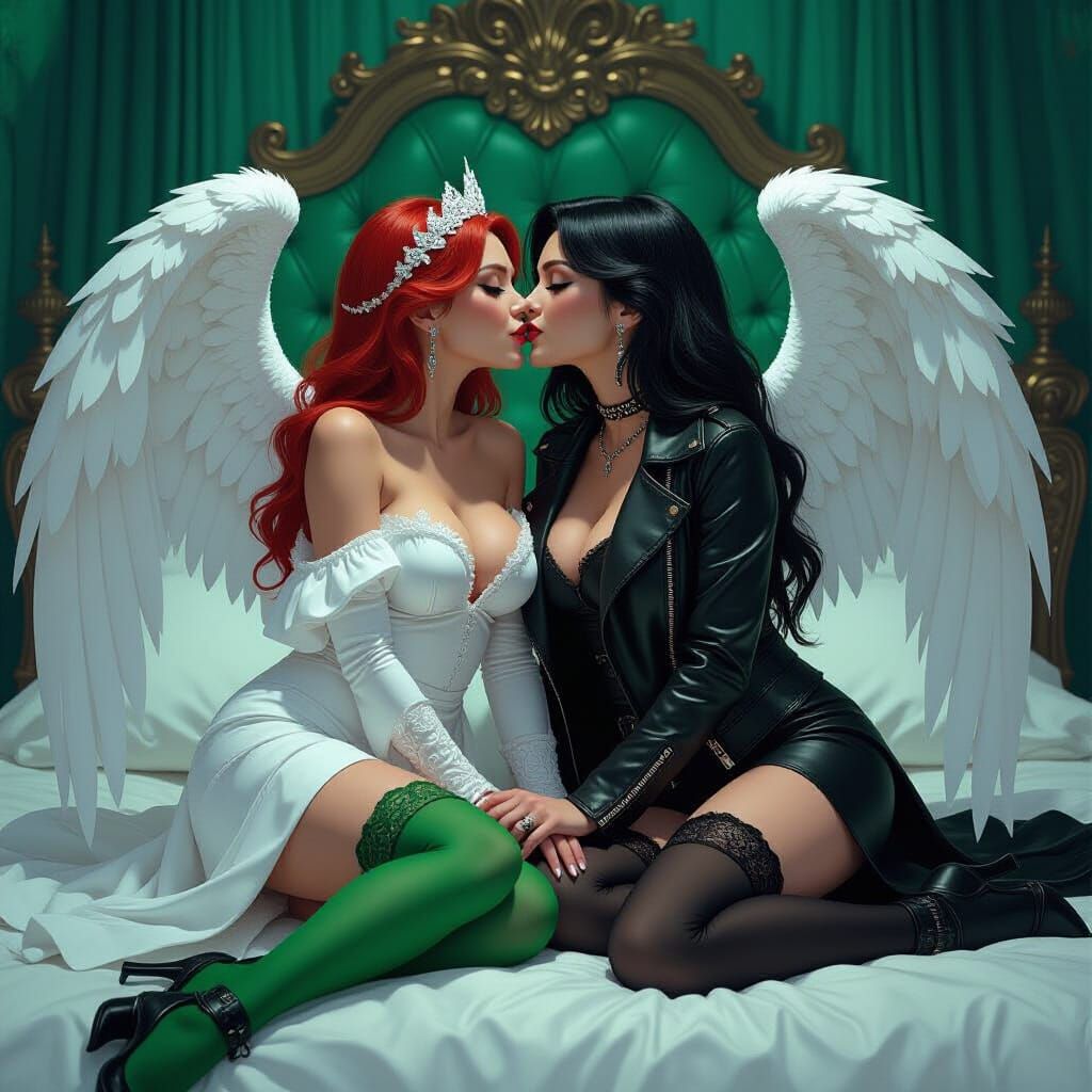 Angelic and Demonic Women Kissing in Baroque Setting
