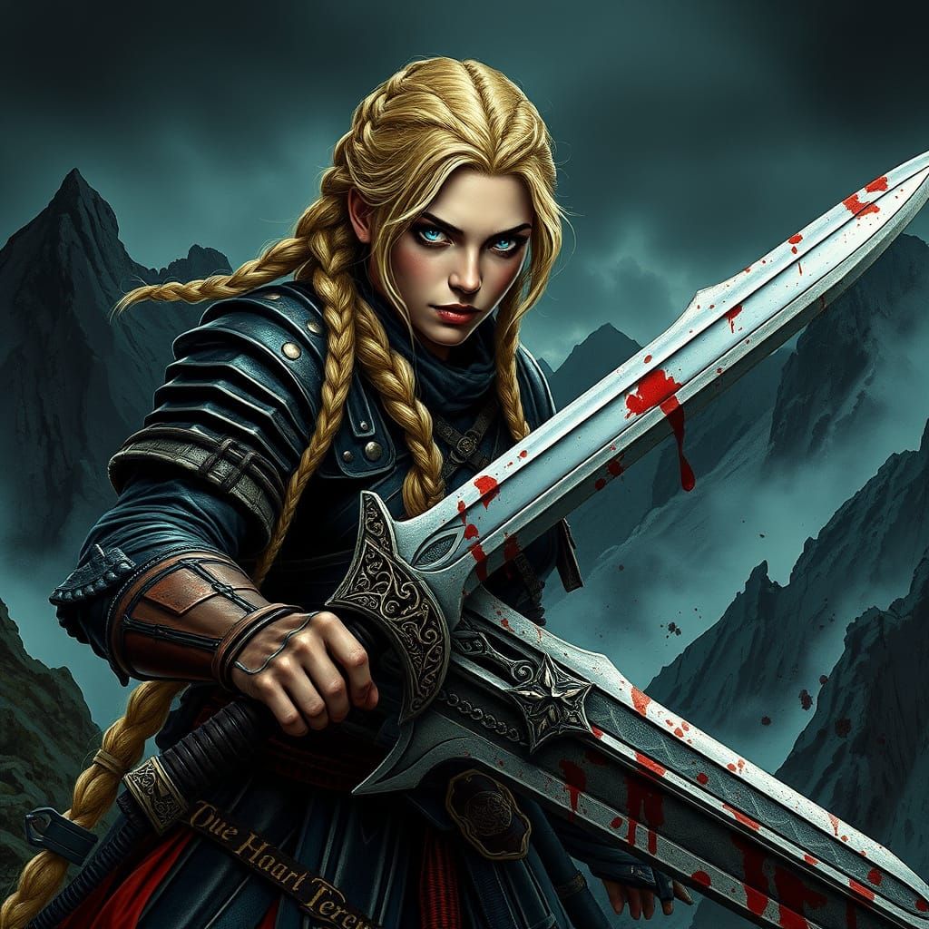 Epic Warrior Maiden in Blood-Soaked Armor, Set Against Dark,...