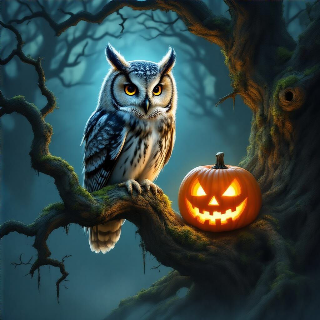 Ghostly Owl on Ancient Oak, Ethereal Forest