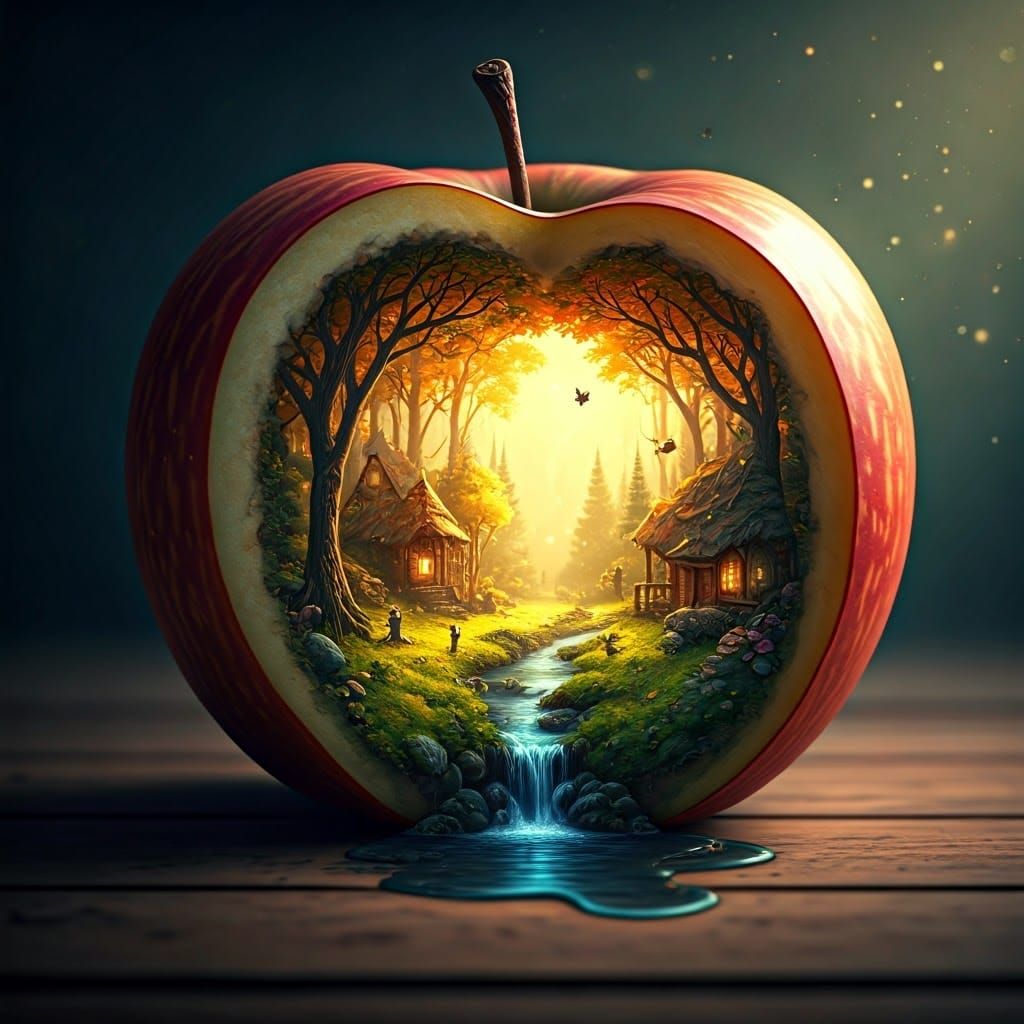 "An appel, its outer rind weathered to a warm, earthy brown, lies cut in half, revealing a mystical, miniature fantasy a...