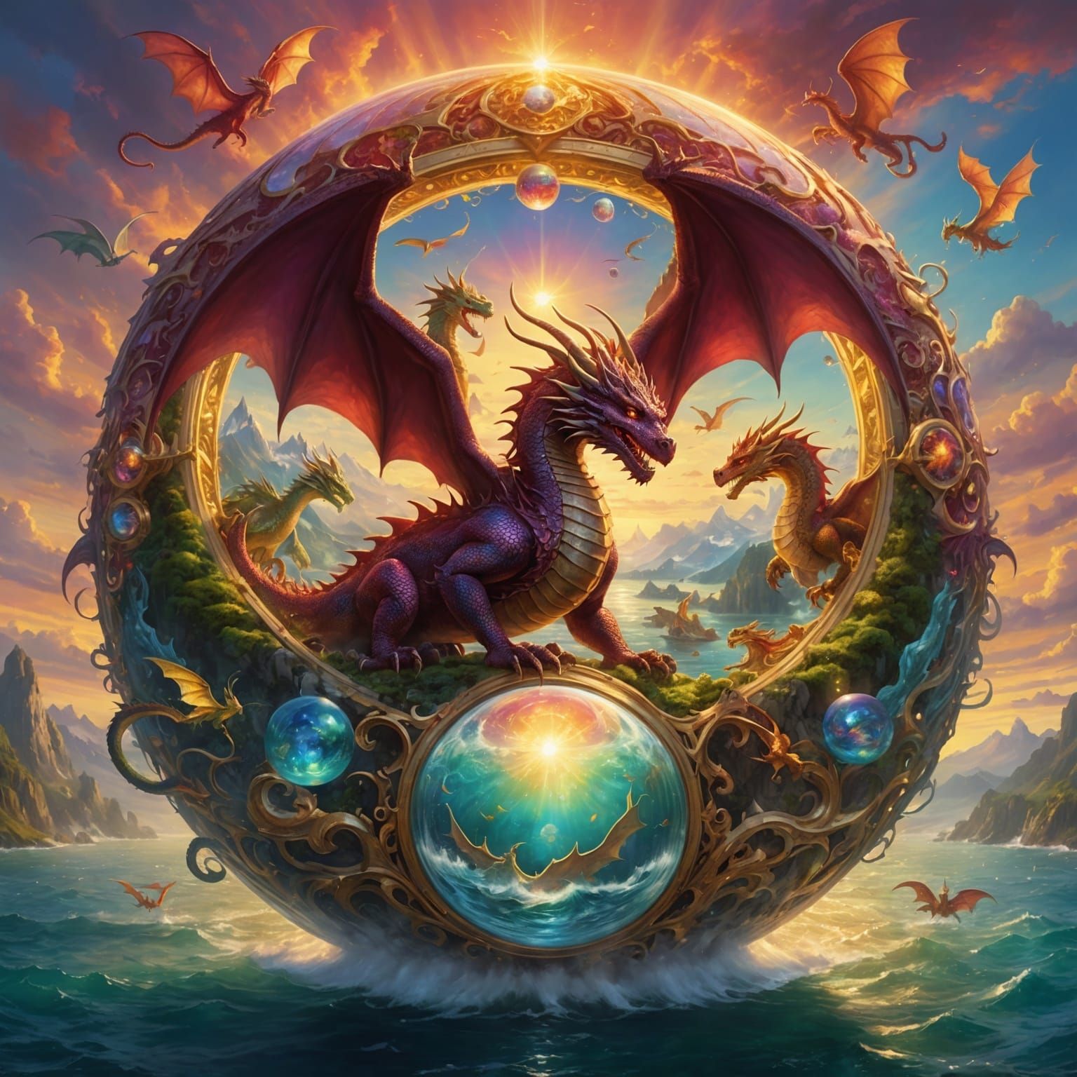 Dragons and Ruby Globe in Ethereal Golden Light