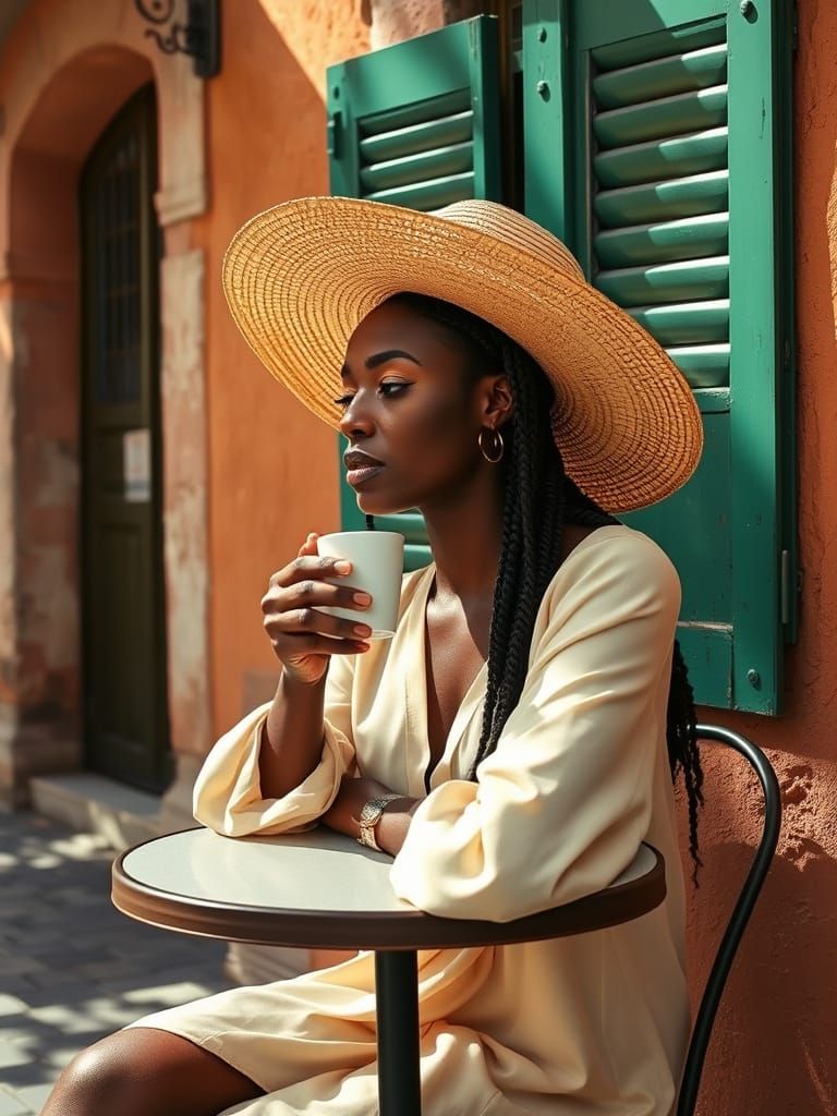 Elegant Woman Enjoys Espresso at Rustic Italian Bar