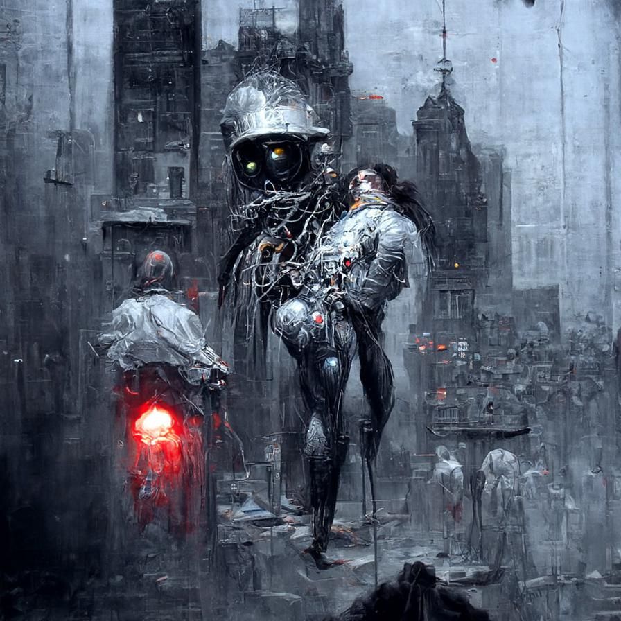 Creepy Cyborg in Cyberpunk City: Horror Art