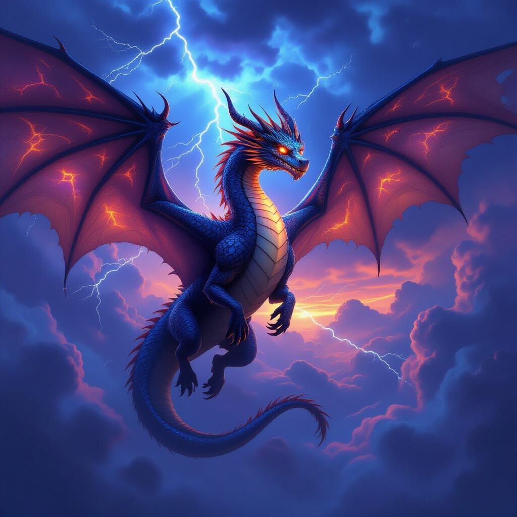 Majestic Dragon Soars Through Stormy Nebula Sky