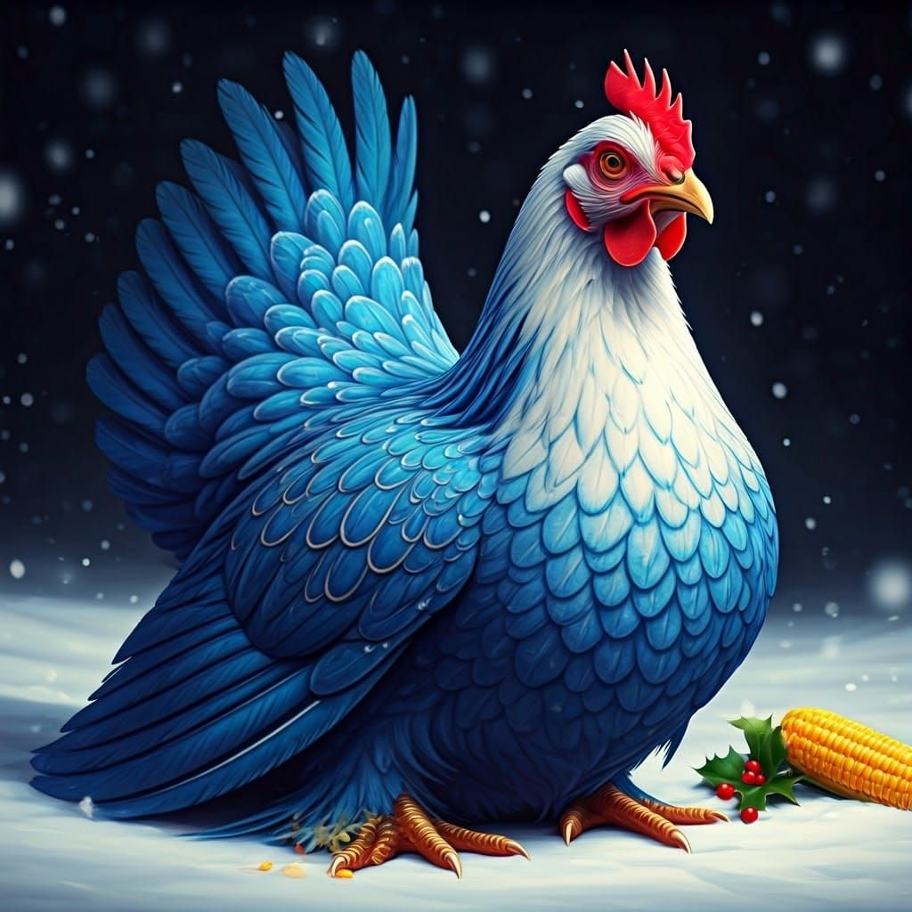 Whimsical Winter Chicken with Blue and White Feathers