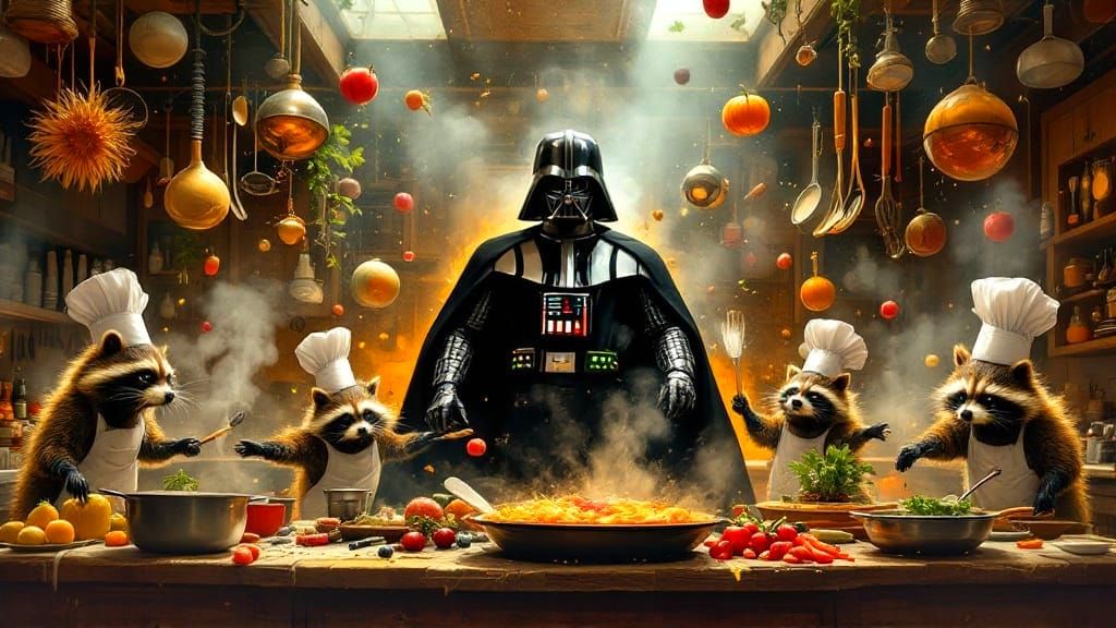 Darth Vader and His Chef Raccoons in the Galactic Kitchen