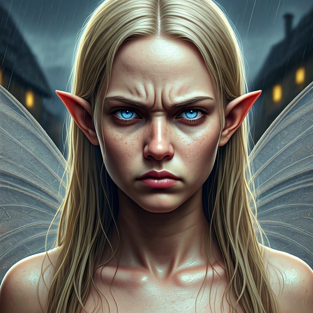 Surreal Portrait of a Pixie Fairy with Anger and Dissatisfac...