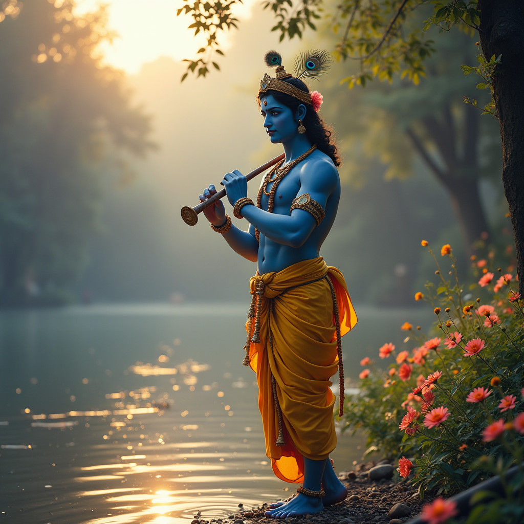 Lord Krishna Serene by Yamuna River, Cinematic Lighting