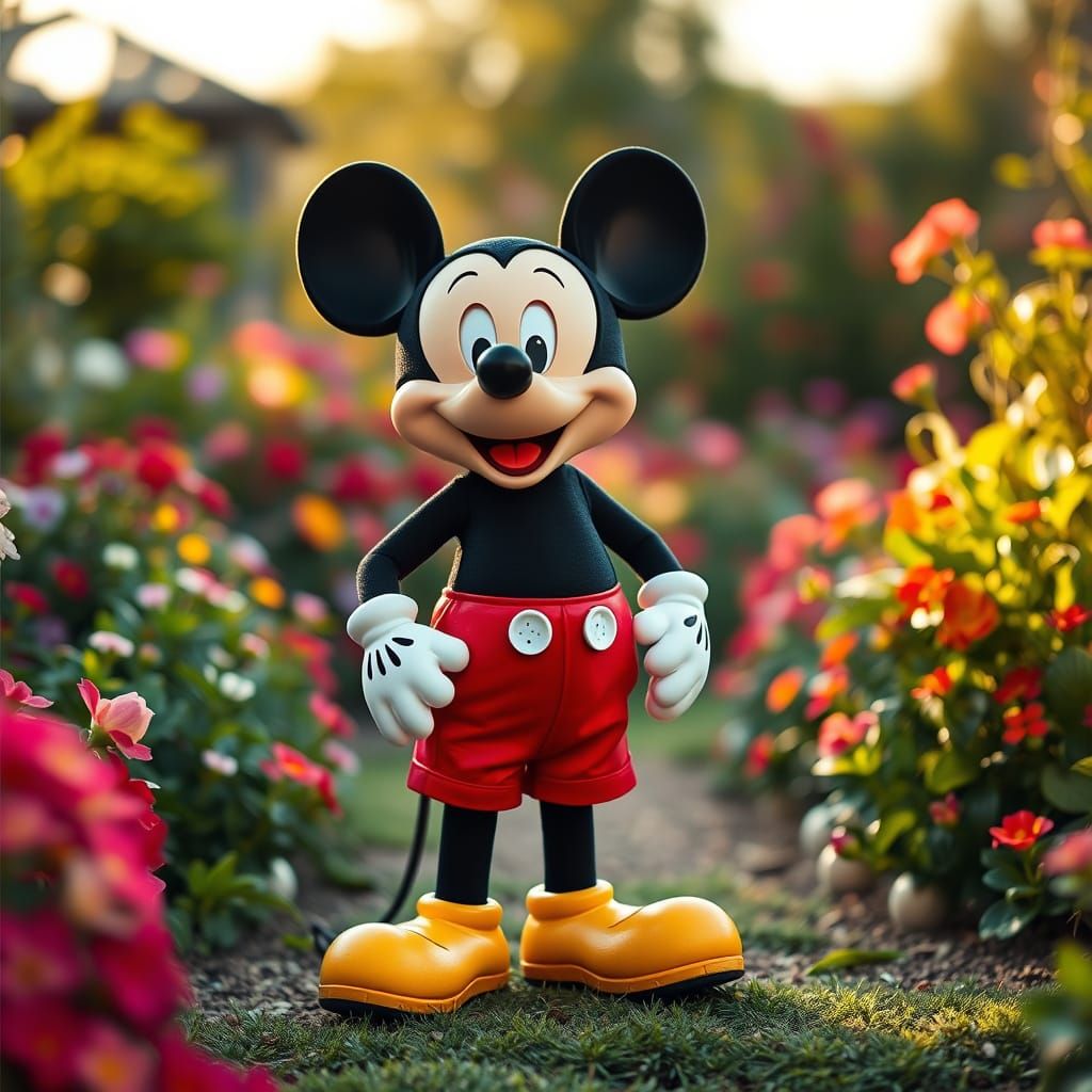 Mickey Mouse in Vibrant Garden with Golden Lighting