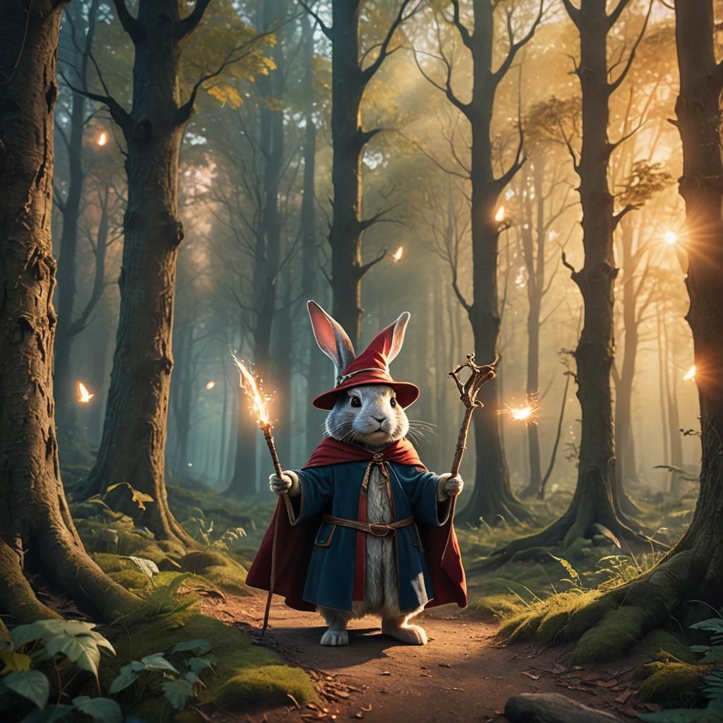 Wizard Rabbit Casting Magic in Mystical Forest