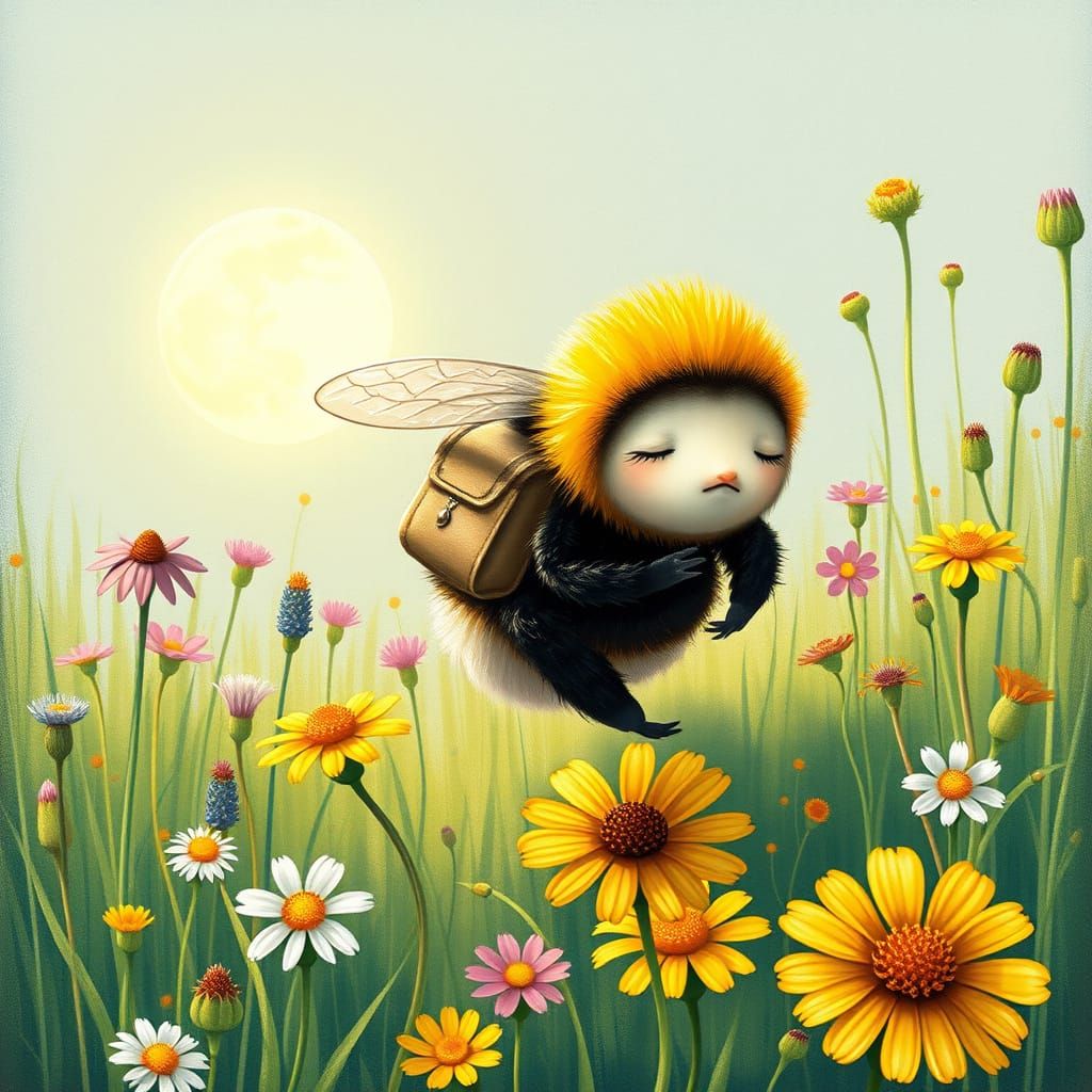 Sleepy Bumblebee's Meadow Adventure: Whimsical Illustration