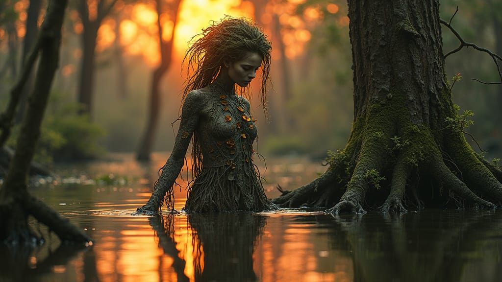 Swamp Dryad Emerges at Sunset: Fantasy Art