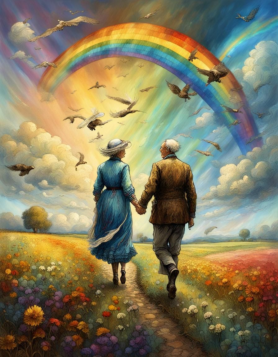 Couple Flying Over Rainbow, Arthur Rackham Style