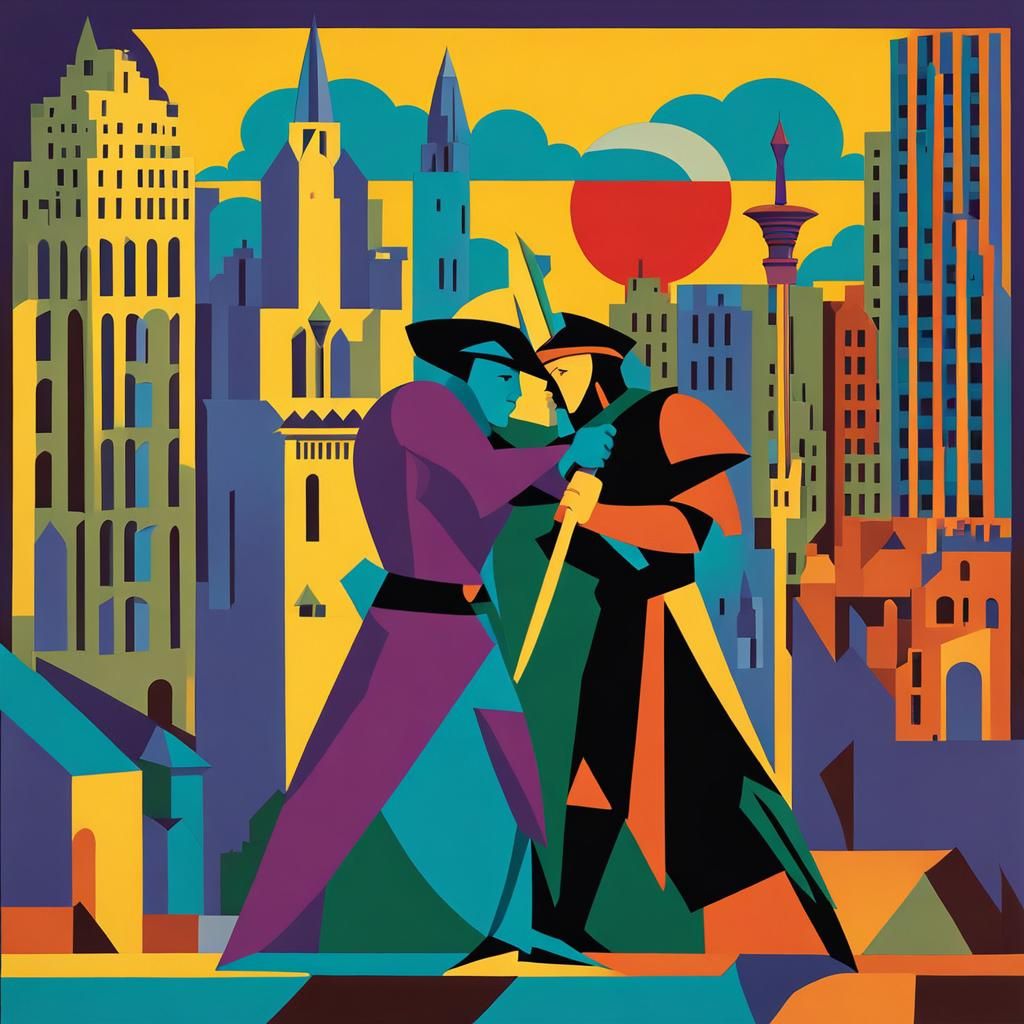 Knights Sword Fight Atop Art Deco City in Cubism Style