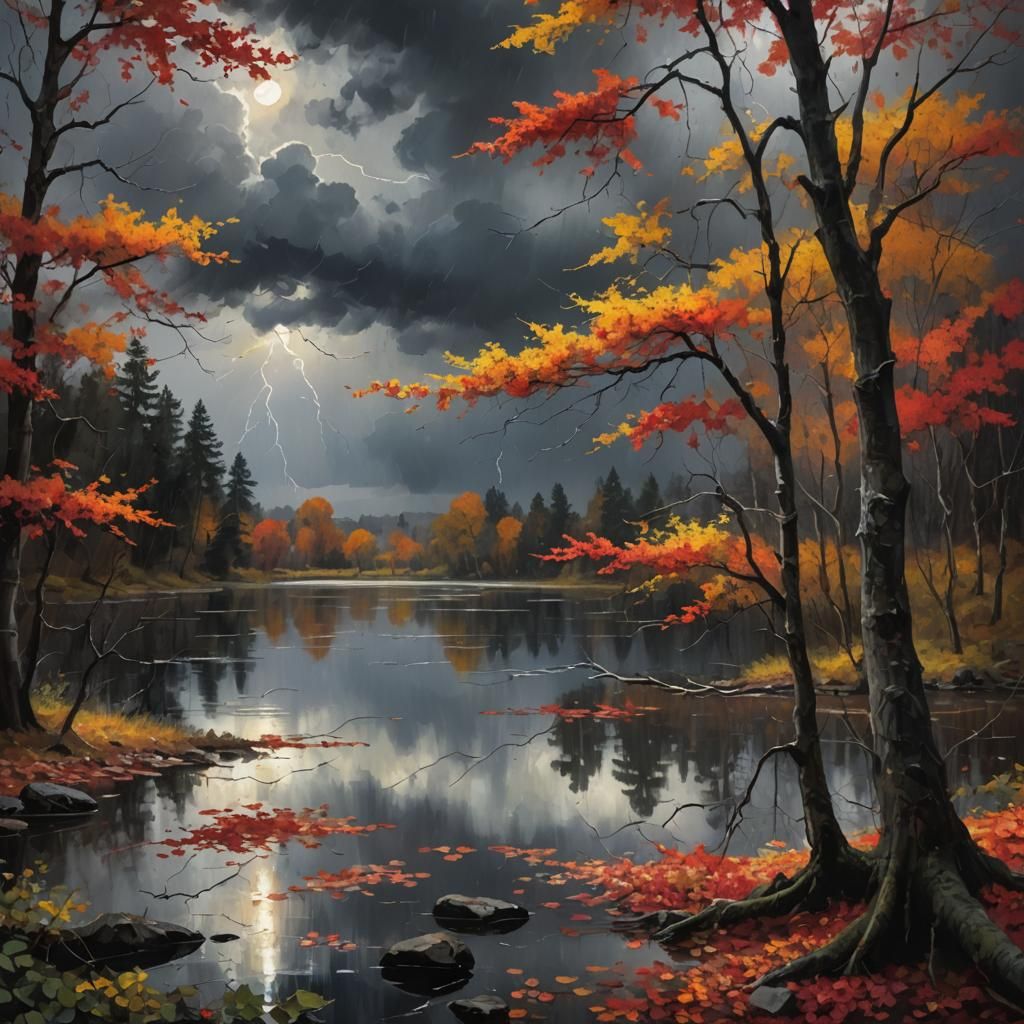 Autumn Landscape with Stormy Sky in Impressionist Style