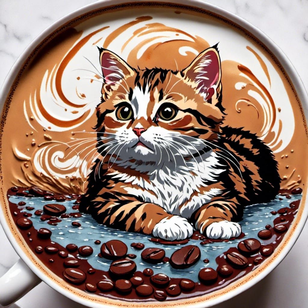 Hyperrealistic Latte Art: Cat Floating on Coffee