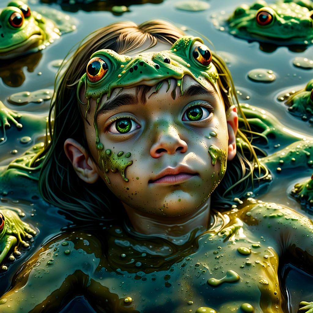 Child Covered in Frog Slime: Hyper-Realistic Portrait