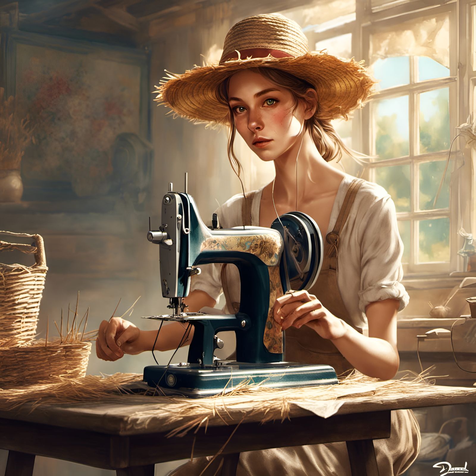 Doe Deer Sewing in a Straw Hat: Digital Illustration