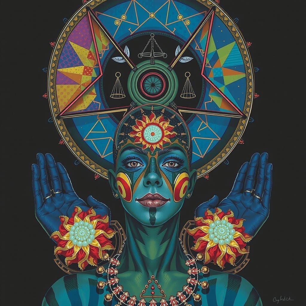 Harlequin in Geometric Maze: Photorealistic Optical Illusion