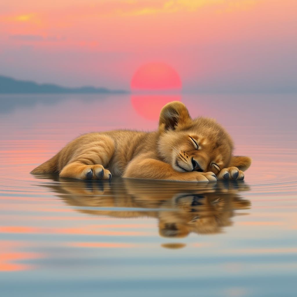 Sleeping Lion Cub in Lagoon, Dreamy Digital Art