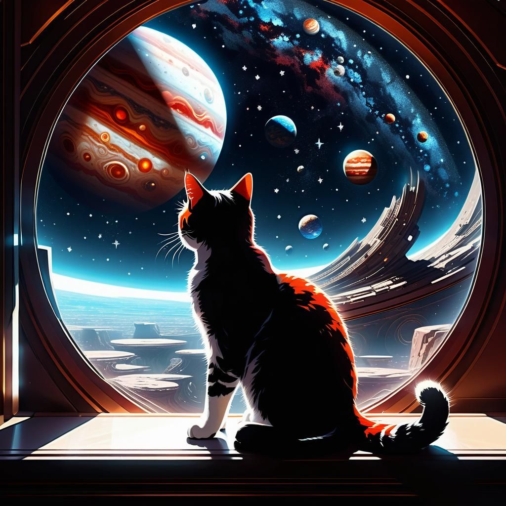 Anime Cat Gazing at Jupiter in Futuristic Room