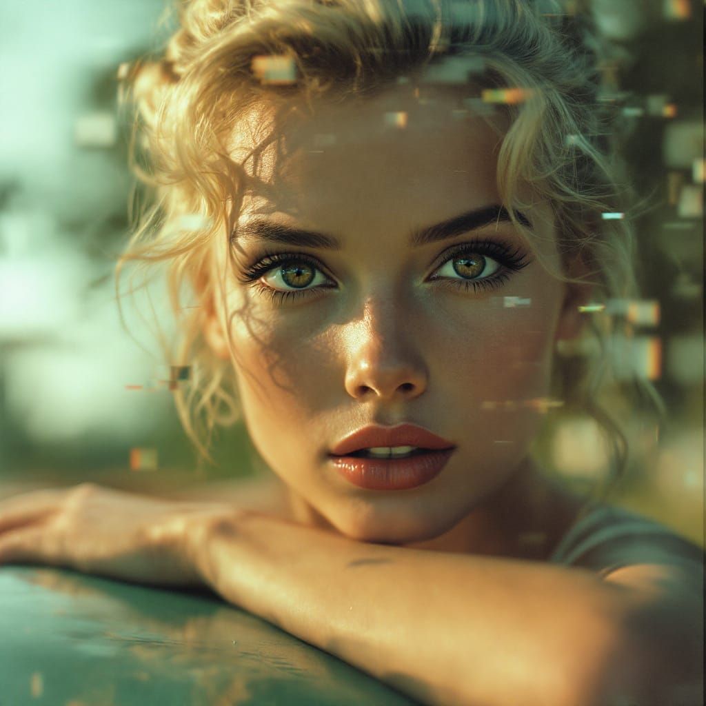 Retro Pin-Up Woman with Glitch Art Distortion