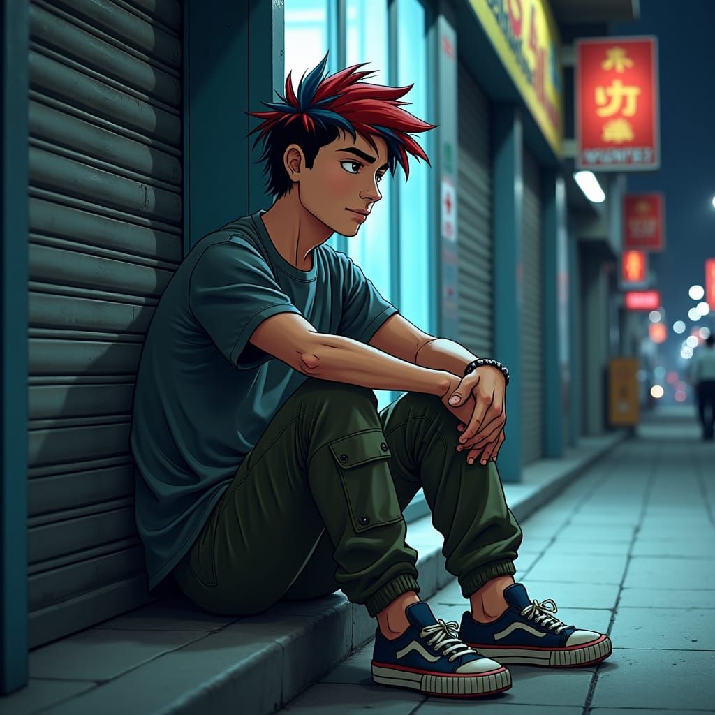 Tired Man with Spiked Hair Leaning on Shop