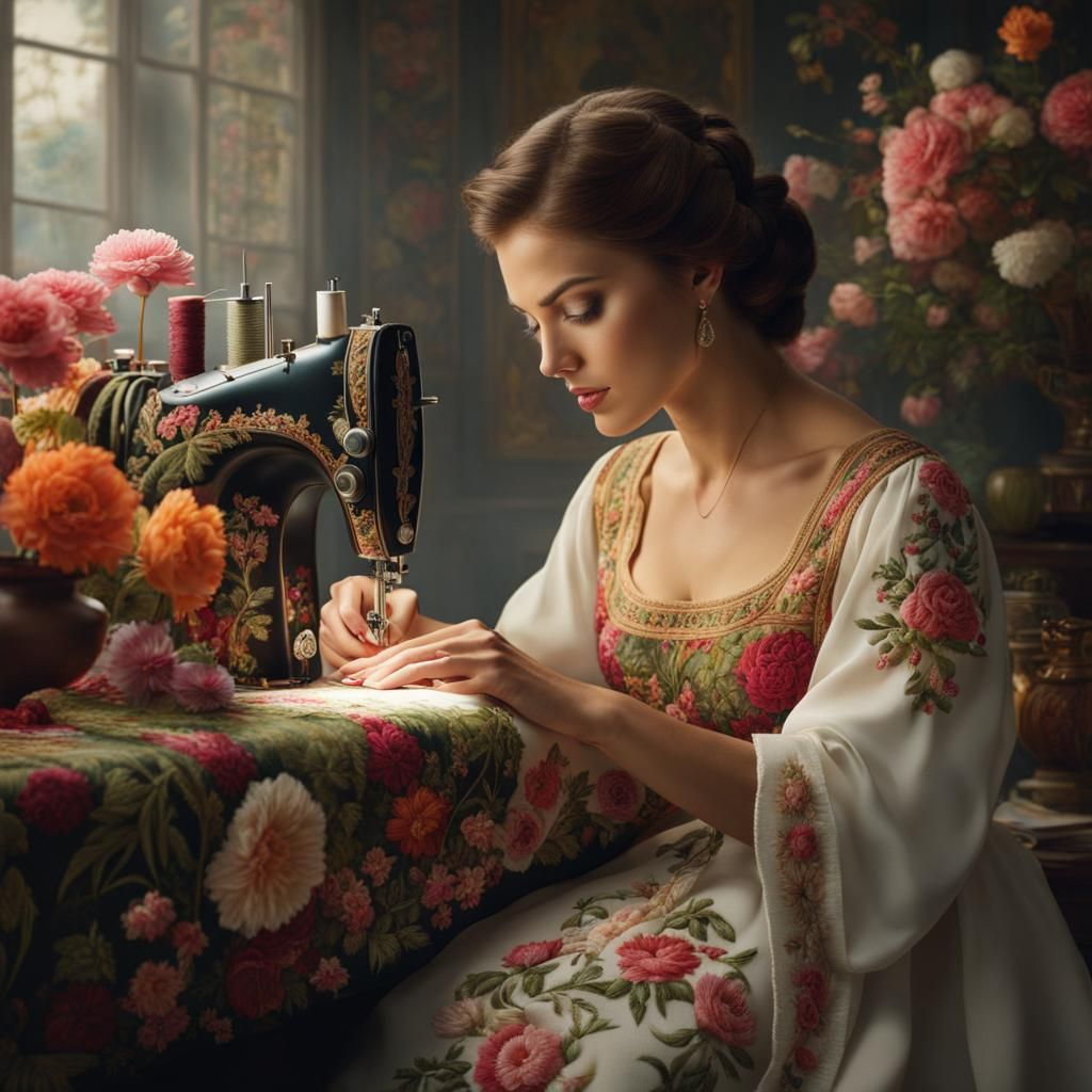 Woman Sewing Elaborate Floral Embroidery