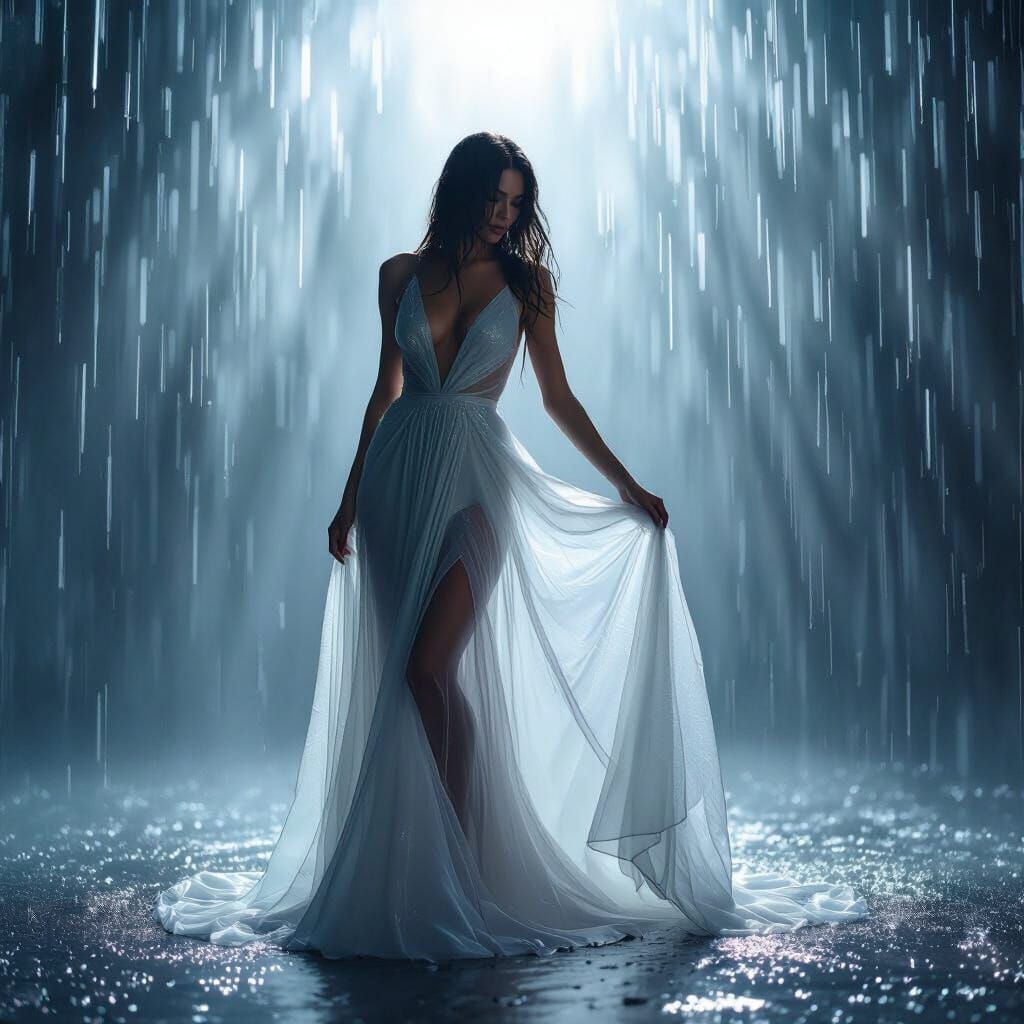 Model in Sheer Gown in Rain, Cinematic Lighting