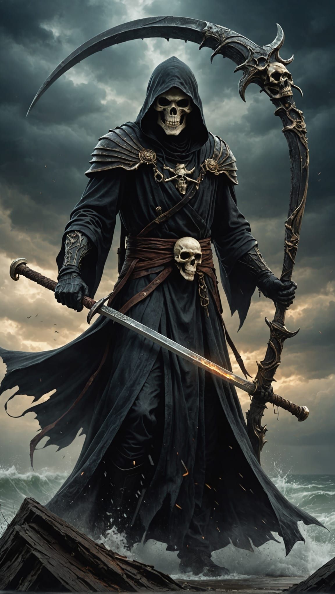 Hyperrealistic Grim Reaper with Bone Scythe