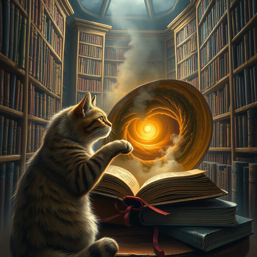 Whiskered Cat Unveils Secret Realm Within Ancient Tome