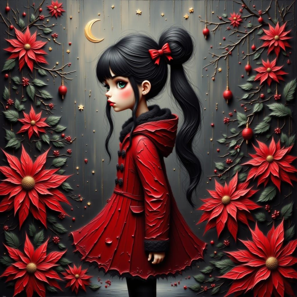 Whimsical Girl in Red Coat in Monochromatic Painting