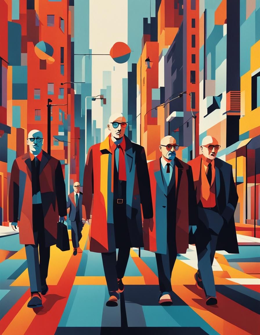 Bald Men Stroll in Flat Design Cityscape