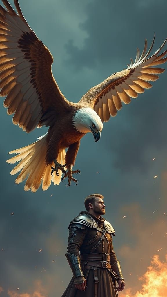 Soldier Faces Majestic Eagle in Matte Painting Style