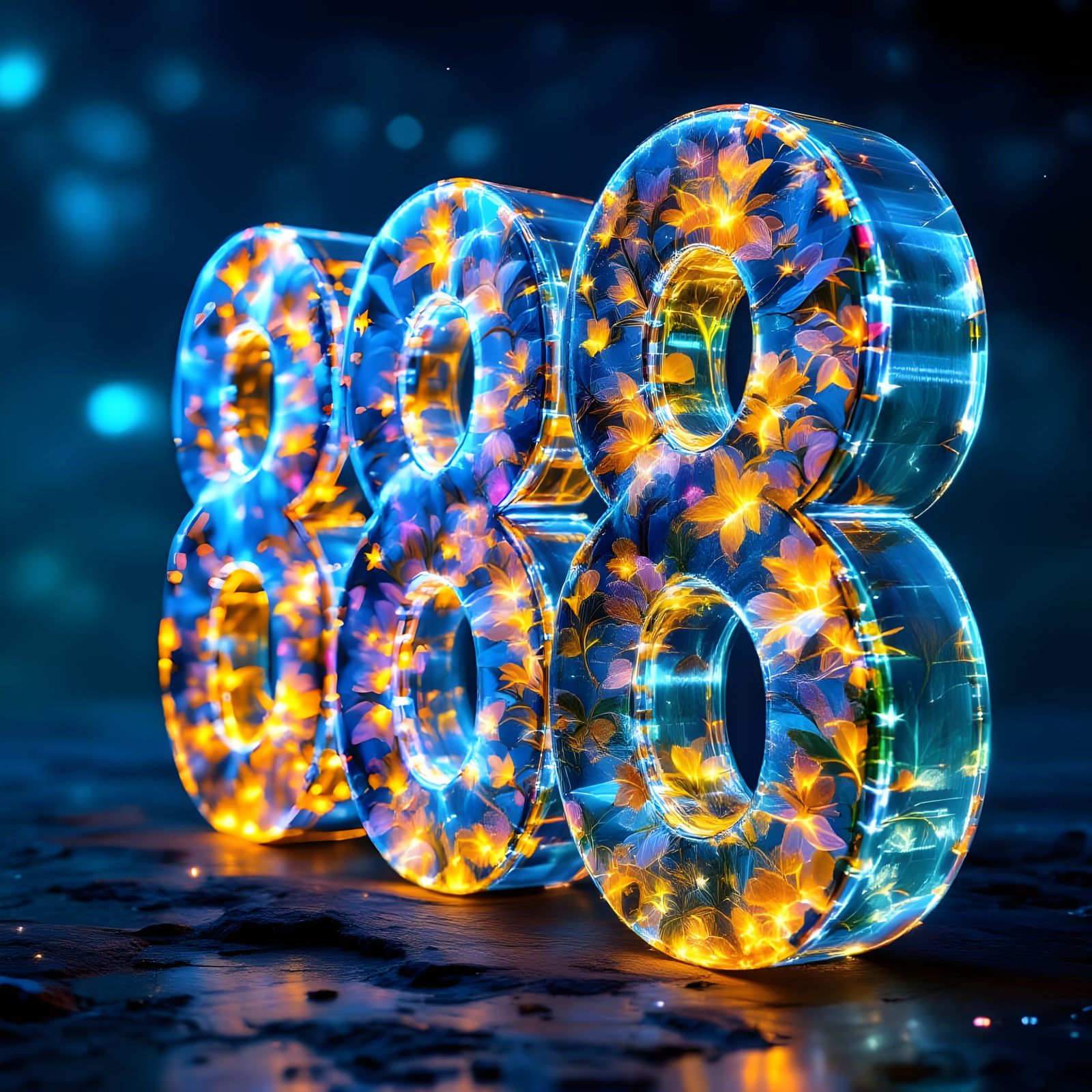 Hyperrealistic Glass '888' in Bioluminescent Bloom