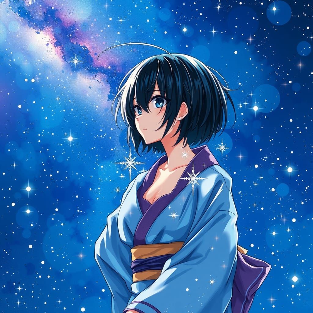 Anime Woman Combs Starry Night Sky Watercolor