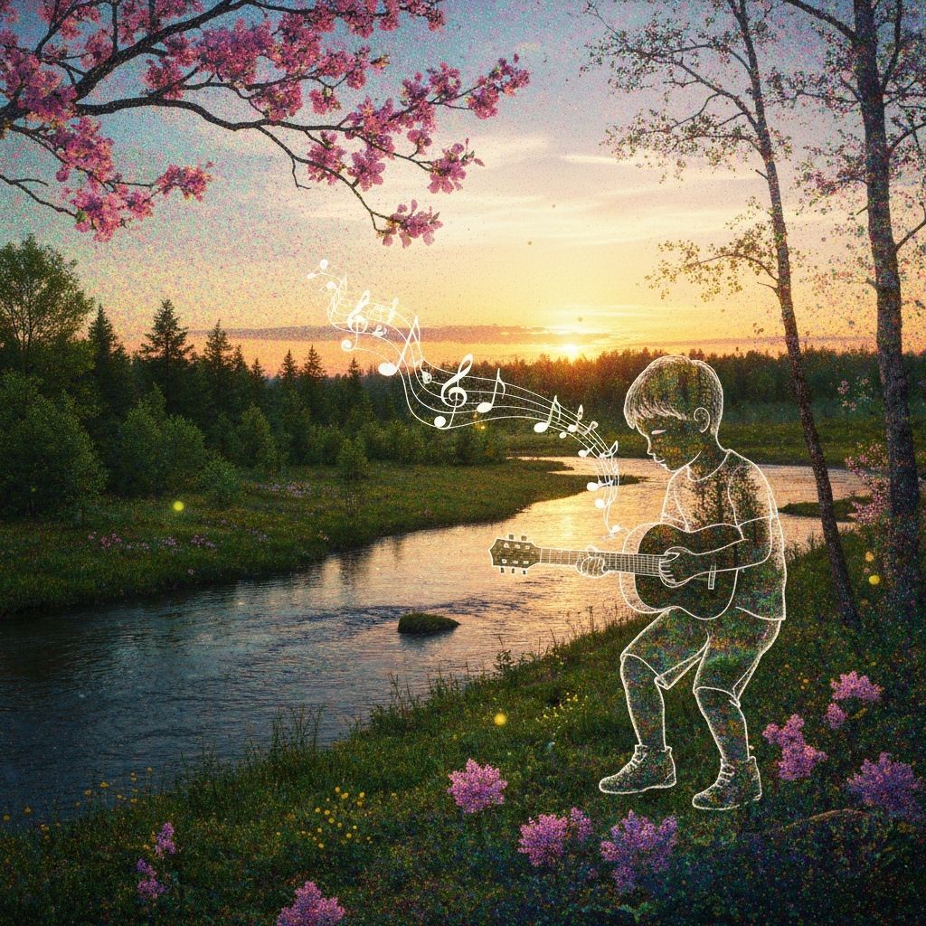 Bioluminescent Double Exposure: Boy Playing Guitar Amidst Na...