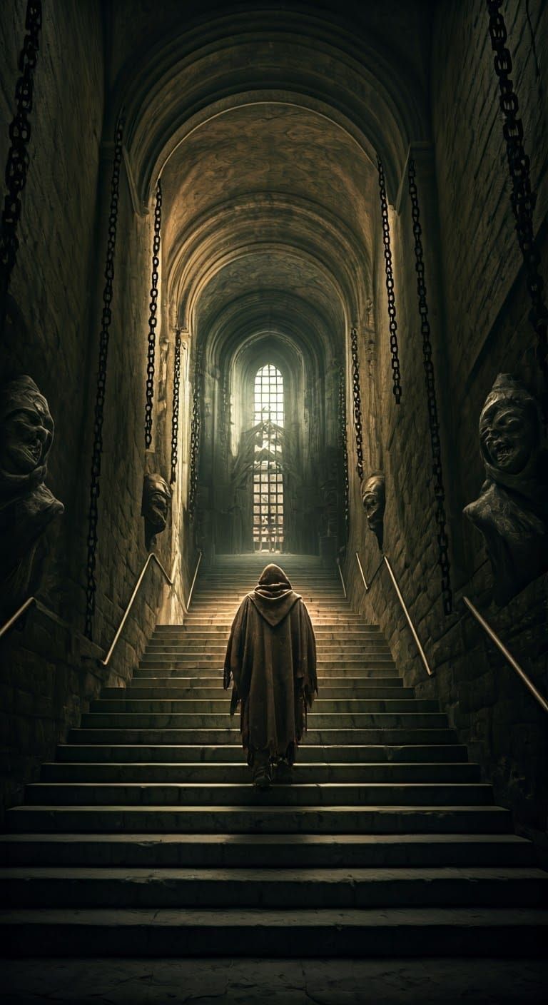 A figure descending stairs that lead underground. Chains hanging, and shadows stretch unnaturally. Demonic statues watch...