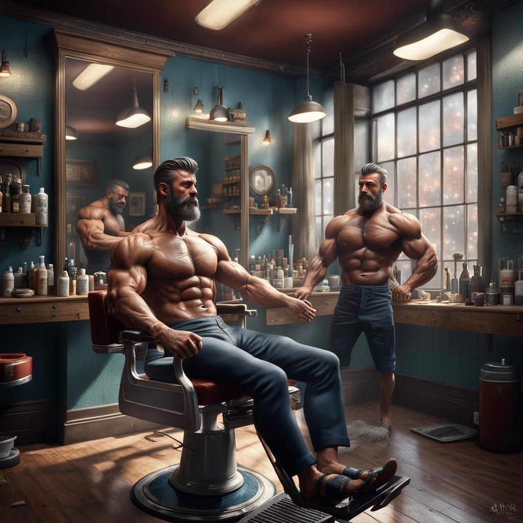 Photorealistic Muscular Man Getting Waxed in Barber Shop