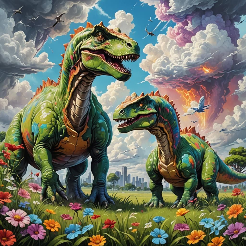Dinosaurs in a Flower Field: Graffiti Art
