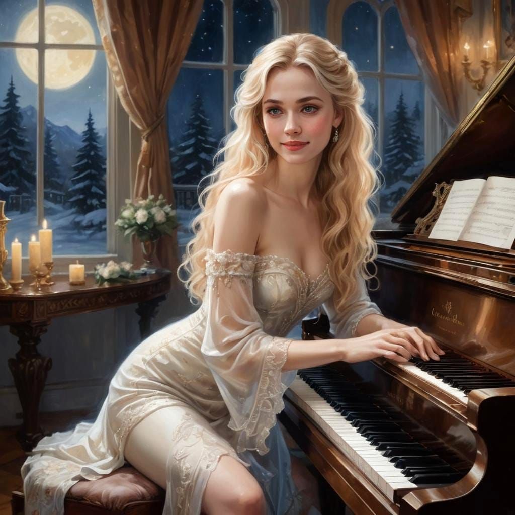 Woman at Piano in Fantastical Interior