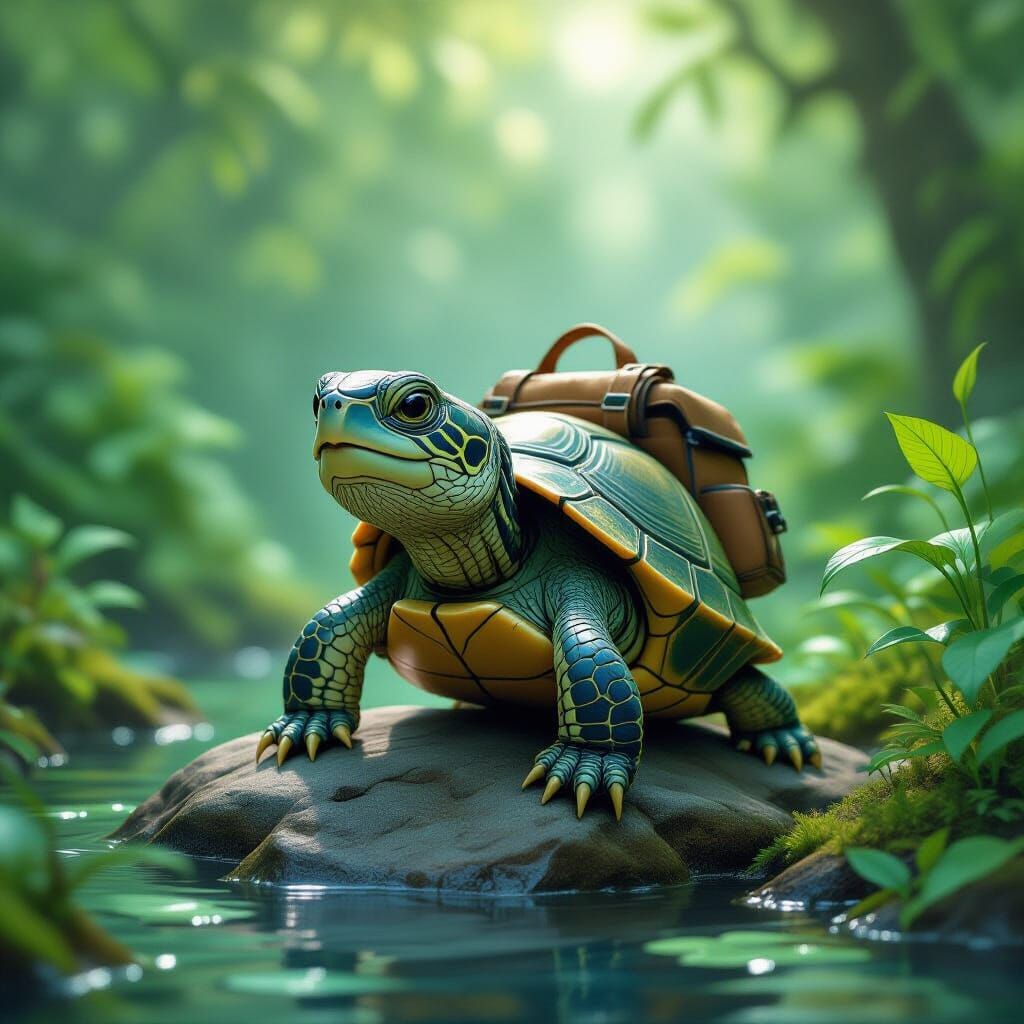 Snap Turtle with Backpack on Serene Forest Rock