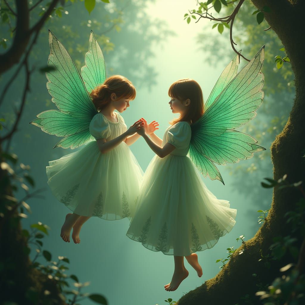 Ethereal Angels with Emerald Wings in Dreamlike Scene
