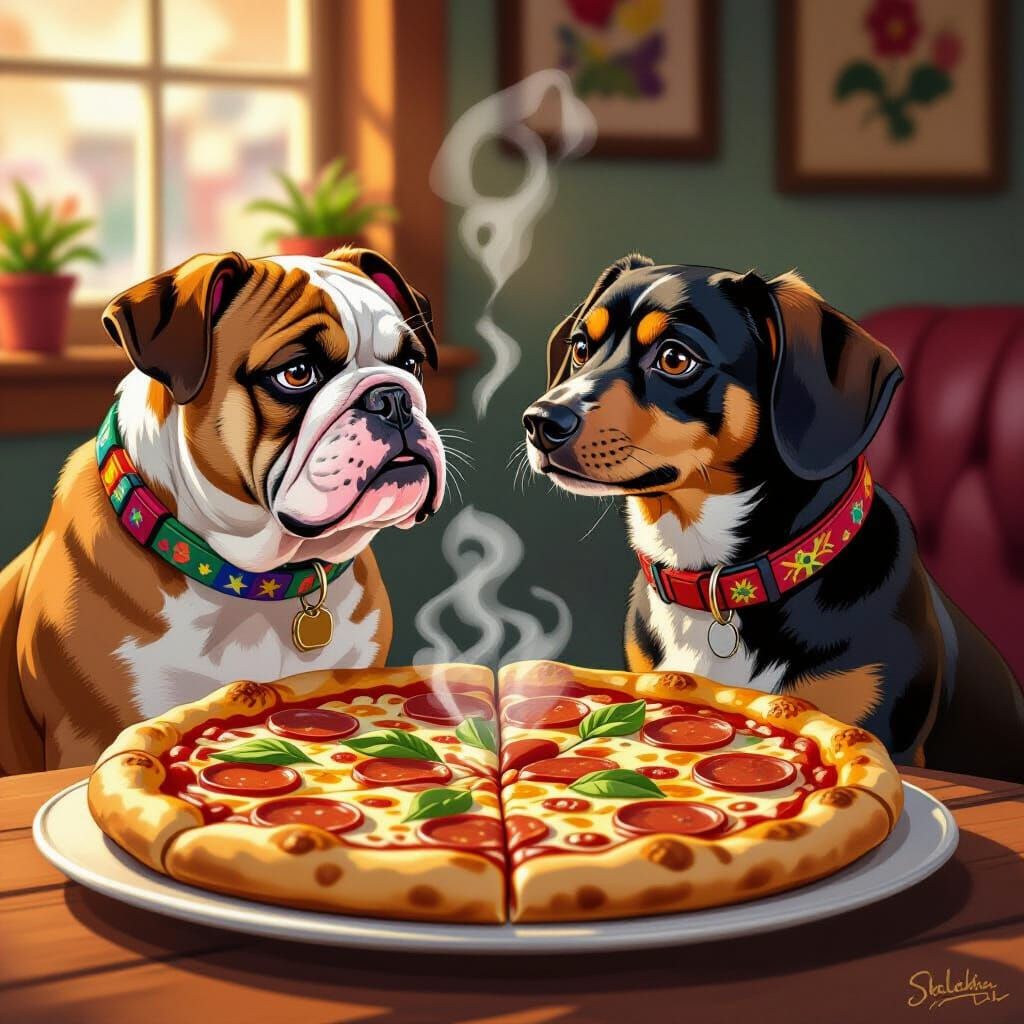 Bulldog and Dachshund Pizza Staredown, Whimsical Art