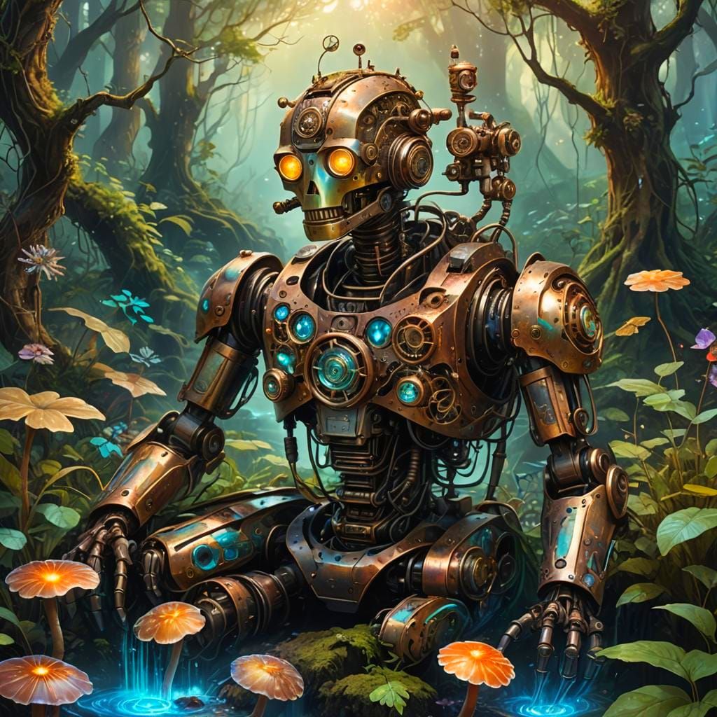 Decaying Steampunk Robot in Astral Woodland
