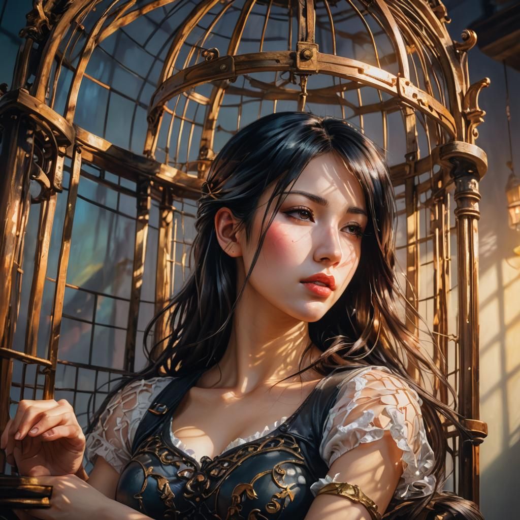 Tifa in Birdcage: Surreal Oil Painting