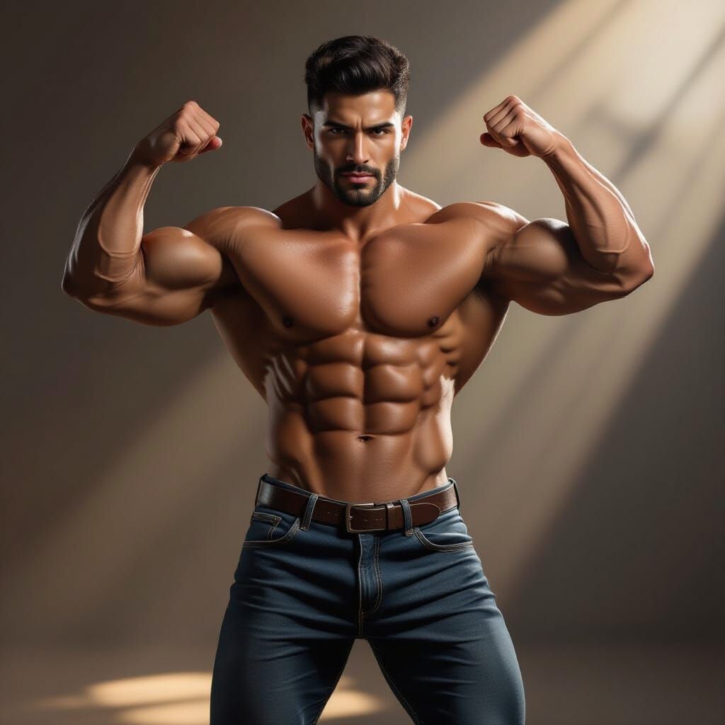 Muscular Latino Man Flexes in Tight Jeans