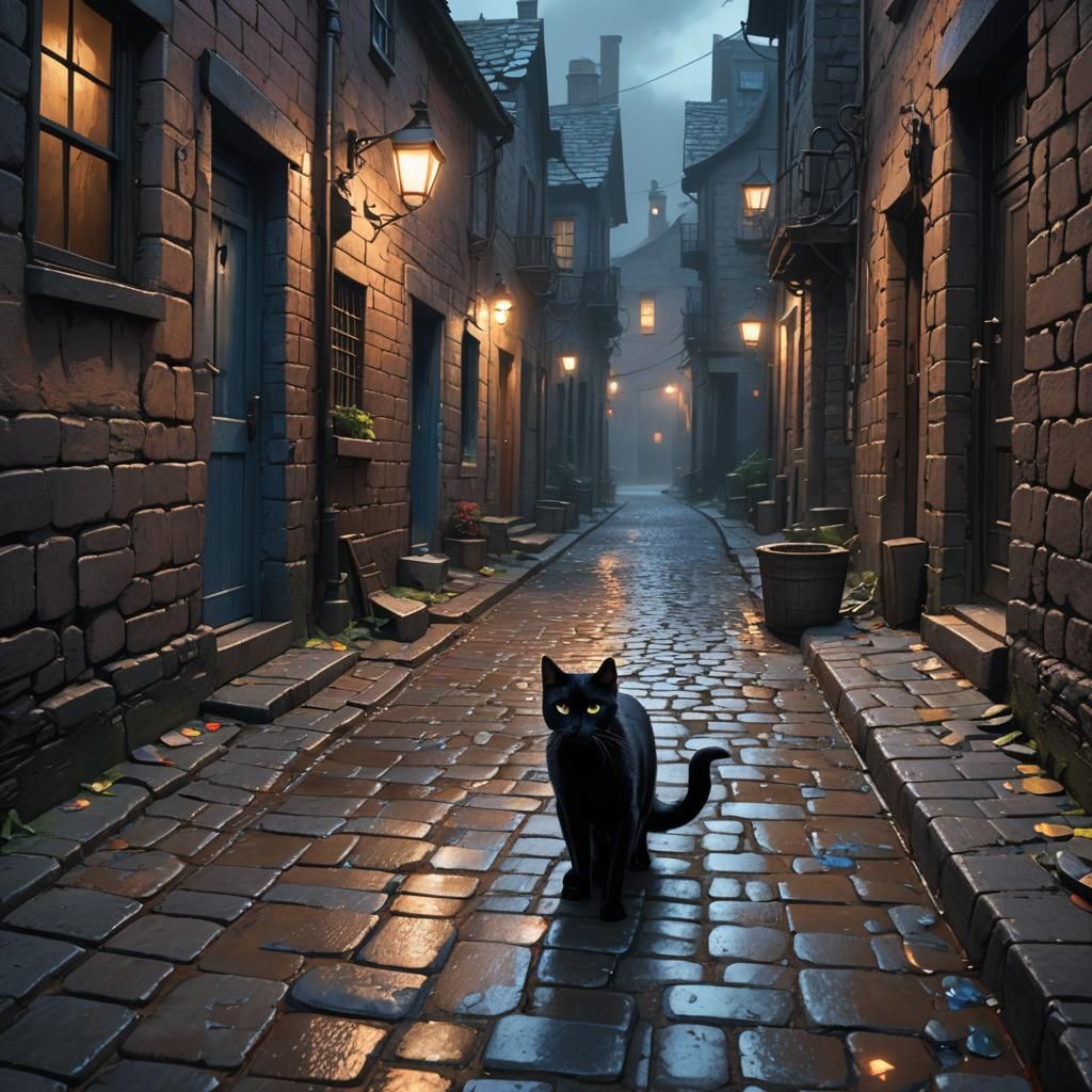 Black Cat Walks Rainy Alley in Hyperrealistic Style