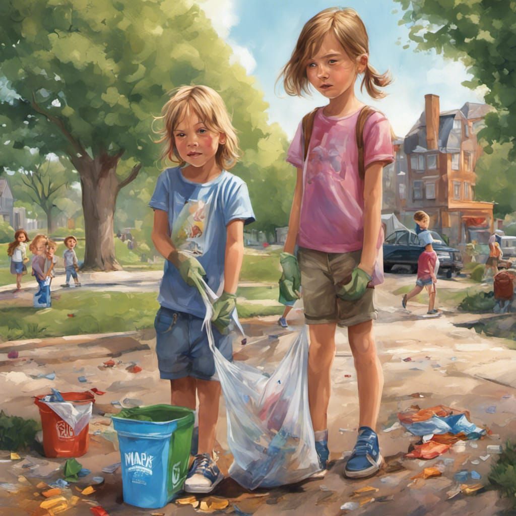 Children Cleaning Park: Hyperrealistic Colorful Illustration